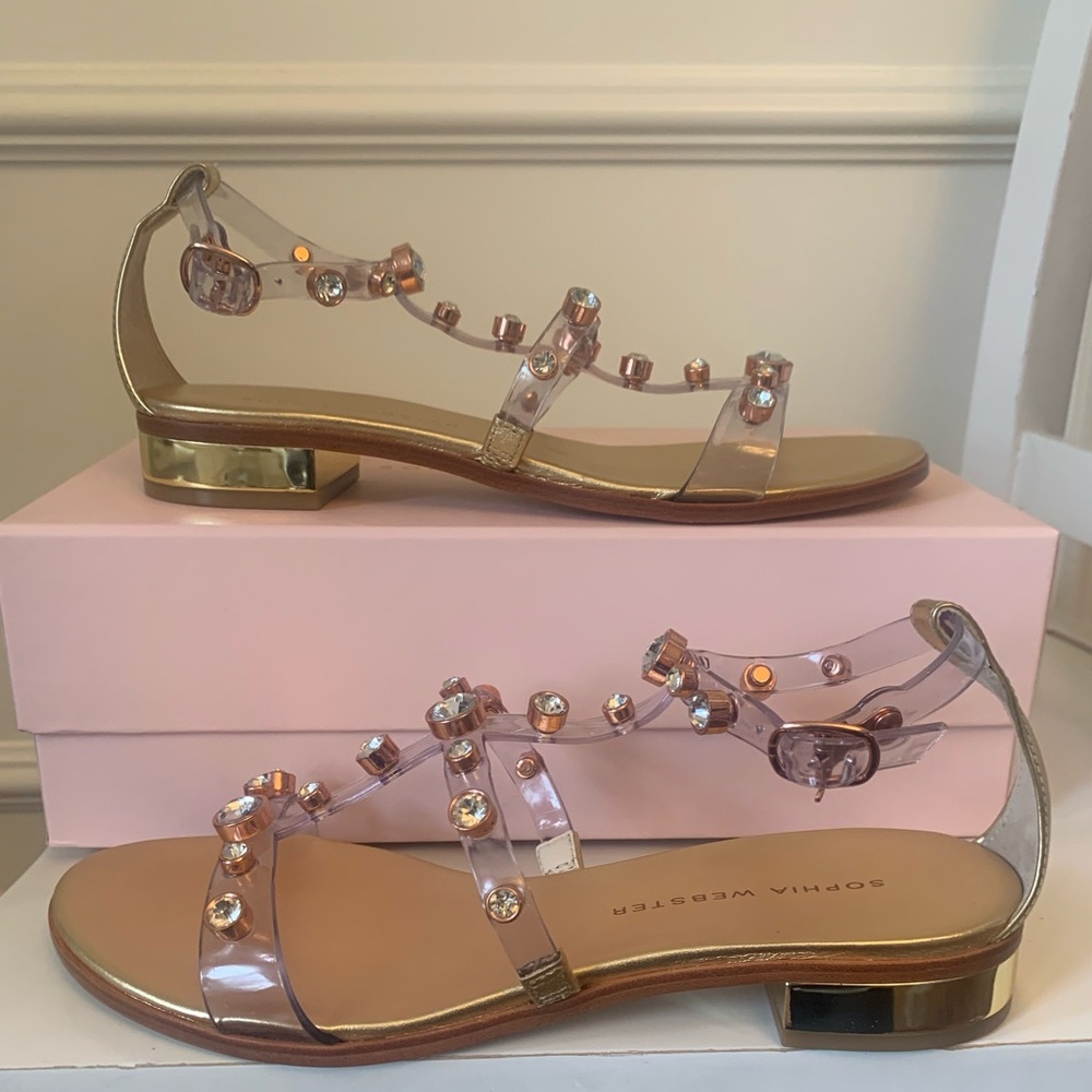 Sophia Webster Dina Flat Sandal Gold Silver rhinestone jelly Sz 39 NEW w/ box - Picture 4 of 16